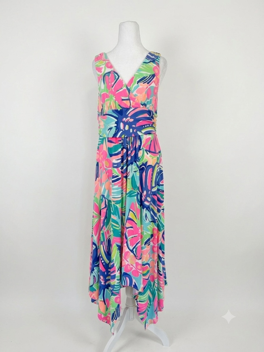 Lilly Pulitzer Sloane Midi Dress Large‎ L Multi Exotic Garden Handkerchief Hem